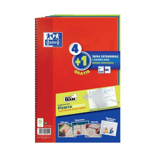 PACK 4+1 CUADERNO ESPIRAL CLASSIC W-E FOLIO 80 HOJAS 4X4 CON MARGEN COLORES VIVOS OXFORD 400122761