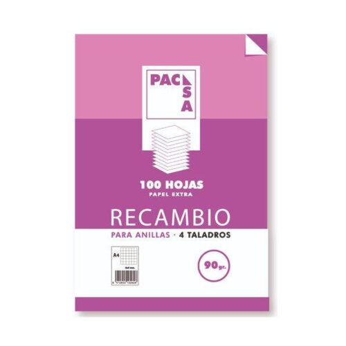 RECAMBIO 90 GRS . 4 TALADROS FOLIO (215X310MM.) 100 HOJAS CUADRÍCULA 4X4 CON MARGEN PACSA 21261