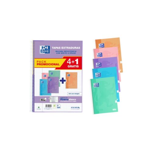 PACK 4+1 CUADERNOS CLASSIC WRITE&ERASE Fº T.EXTRADURA 80H 4X4 COLORES PASTEL OXFORD 400159802