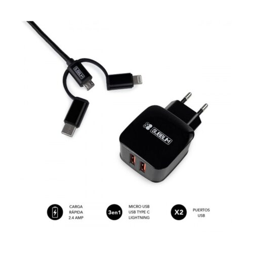 SUBBLIM CARGADOR USB DE VIAJE/PARED 2xUSB (2.4A) + CABLE 3EN1 BLACK Negro Interior