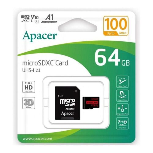 Tarjeta de Memoria Apacer 64GB XC UHS 1 con Adaptador/ Clase 10/ 100MBs