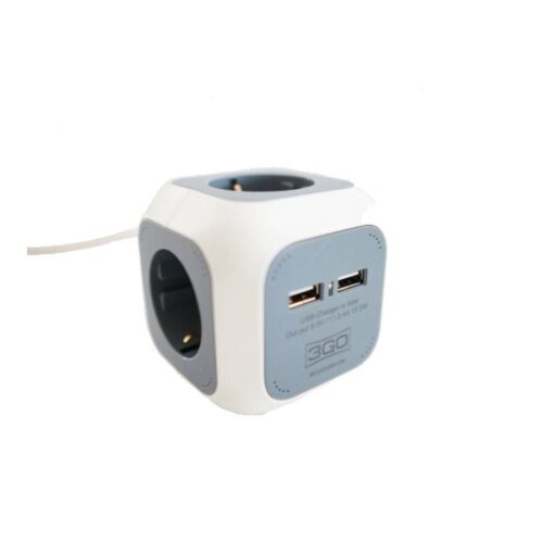 Regleta 3GO REG4CUBEUSB/ 4 Tomas de corriente/ 2 USB/ Cable 1.4m/ Blanca y Gris