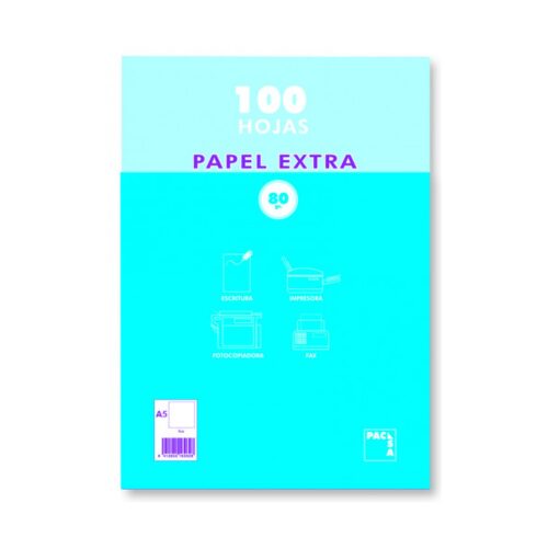 PAQUETE PAPEL EXTRA BLANCO SATINADO 100 HOJAS 80 GRS. A-5 (148X210MM.) LISO PACSA 21814