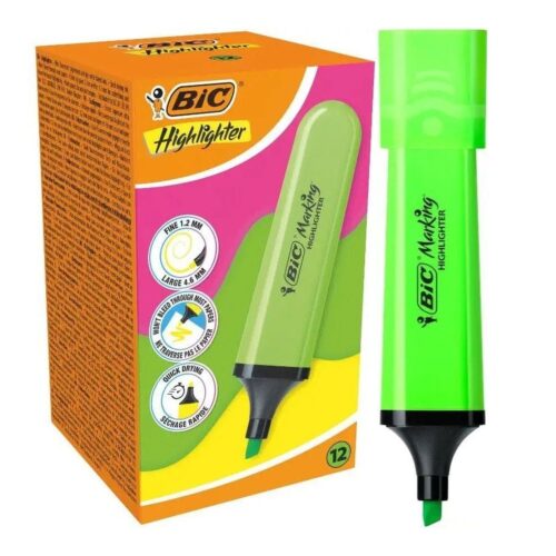 Caja de Marcadores Fluorescentes Bic Highlighter Flat Neón/ 12 unidades/ Verdes