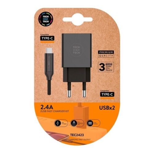 Cargador de Pared Tech One Tech TEC2423/ 2xUSB + Cable USB Tipo-C/ 2.4A/ Negro