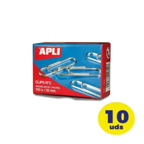 Pack de 10 cajas de 100 Clips Nº2 Apli 11714/ Plata