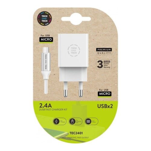 Cargador de Pared Tech One Tech TEC2401/ 2xUSB + Cable Micro USB/ 2.4A/ Blanco