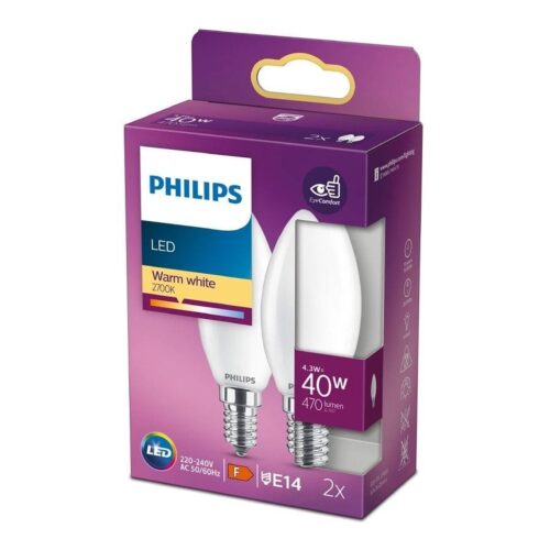 Bombilla Led Philips LED Classic/ Casquillo E14/ 4.3W/ 470 Lúmenes/ 2700K/ Pack de 2 Uds