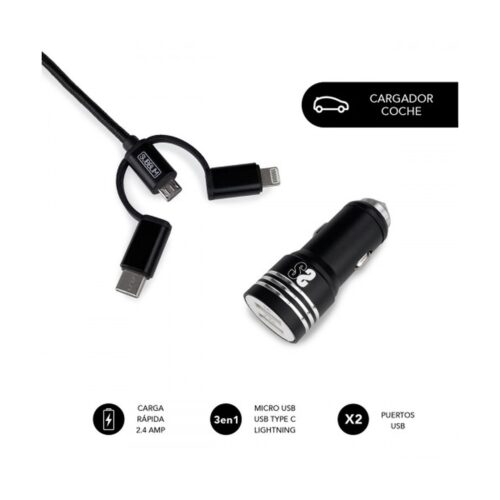 SUBBLIM Cargador Coche 2xUSB Dual Car Charger Alum 2.4A + Cable 3 in 1 Black