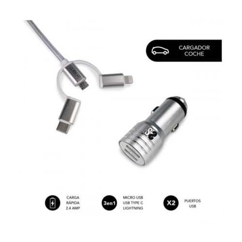 SUBBLIM Cargador Coche 2xUSB Dual Car Charger Alum 2.4A + Cable 3 in 1 Silver