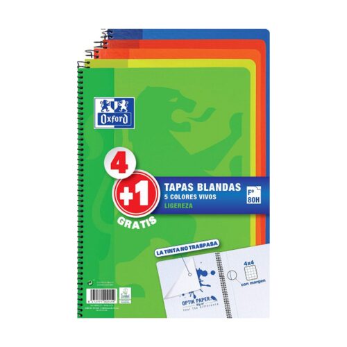 PACK 4+1 CUADERNO ESPIRAL TAPA BLANDA FOLIO 80 HOJAS 4X4 CON MARGEN COLORES VIVOS OXFORD 400027271