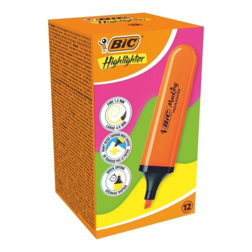 Caja de Marcadores Fluorescentes Bic Highlighter Flat Neón/ 12 unidades/ Naranjas