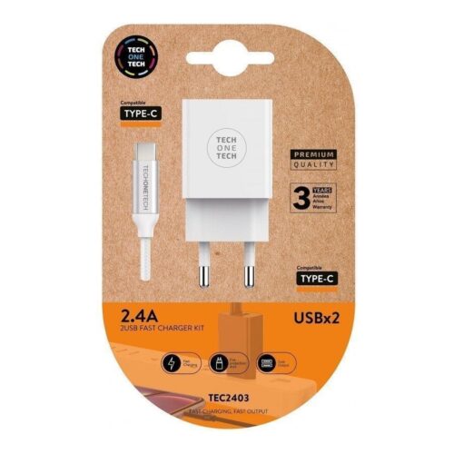 Cargador de Pared Tech One Tech TEC2403/ 2xUSB + Cable USB Tipo-C/ 2.4A/ Blanco