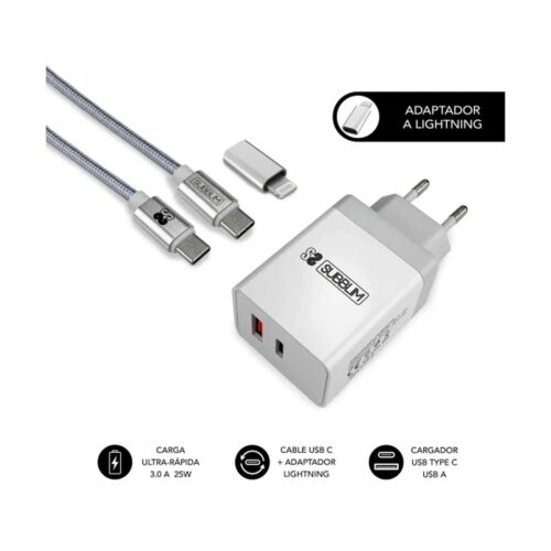 SUBBLIM CARGADOR ULTRA RAPIDO 2xUSB DE PARED PD25W+QC3.0+Cable C to C y lightning Blanco