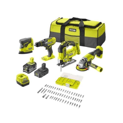 Pack Taladro + Amoladora + Sierra de calar + Lijadora Ryobi ONE+ R18CK4F-252S/ 2 baterías 18V 5,0 y 2,0 Ah/ Cargador 2,0 A/ Bolsa de Transporte