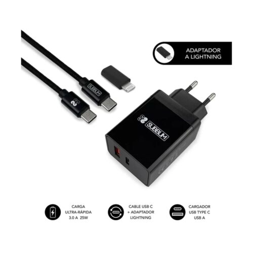 SUBBLIM CARGADOR ULTRA RAPIDO 2xUSB DE PARED PD25W+QC3.0+Cable C to C y lightning Negro