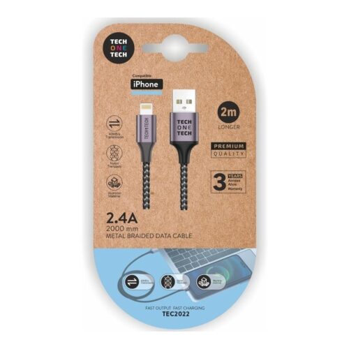 Cable USB 2.0 Tech One Tech TEC2022/ USB Macho – Lightning Macho/ 2m/ Gris