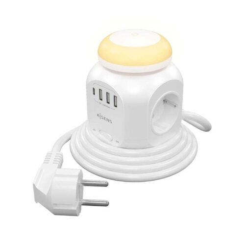 Regleta con Interruptor y Luz Nocturna Aisens ASPS-3A1CL01-W/ 4 Tomas de Corriente/ 1 USB Tipo-C/ 3 USB/ Cable 1.8m/ Blanco