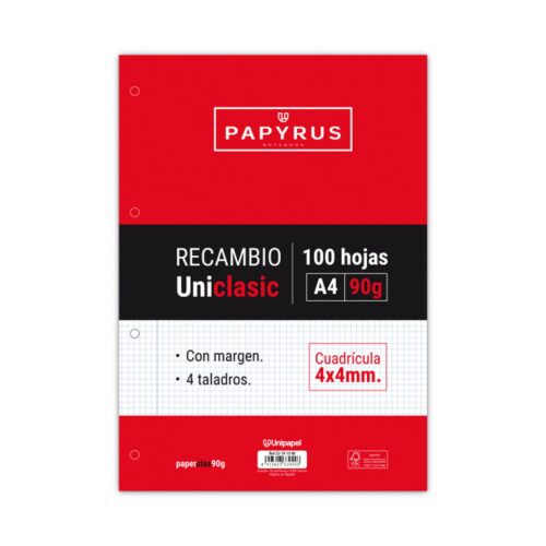 RECAMBIO PAQUETE 100 HOJAS A4 UNICLASIC 90 GR. 4X4 CON MARGEN PAPYRUS 53391000