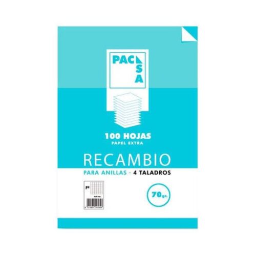 RECAMBIO 70 GRS. 4 TALADROS FOLIO (215X310MM.) 100 HOJAS CUADRÍCULA 4X4 CON MARGEN PACSA 21211